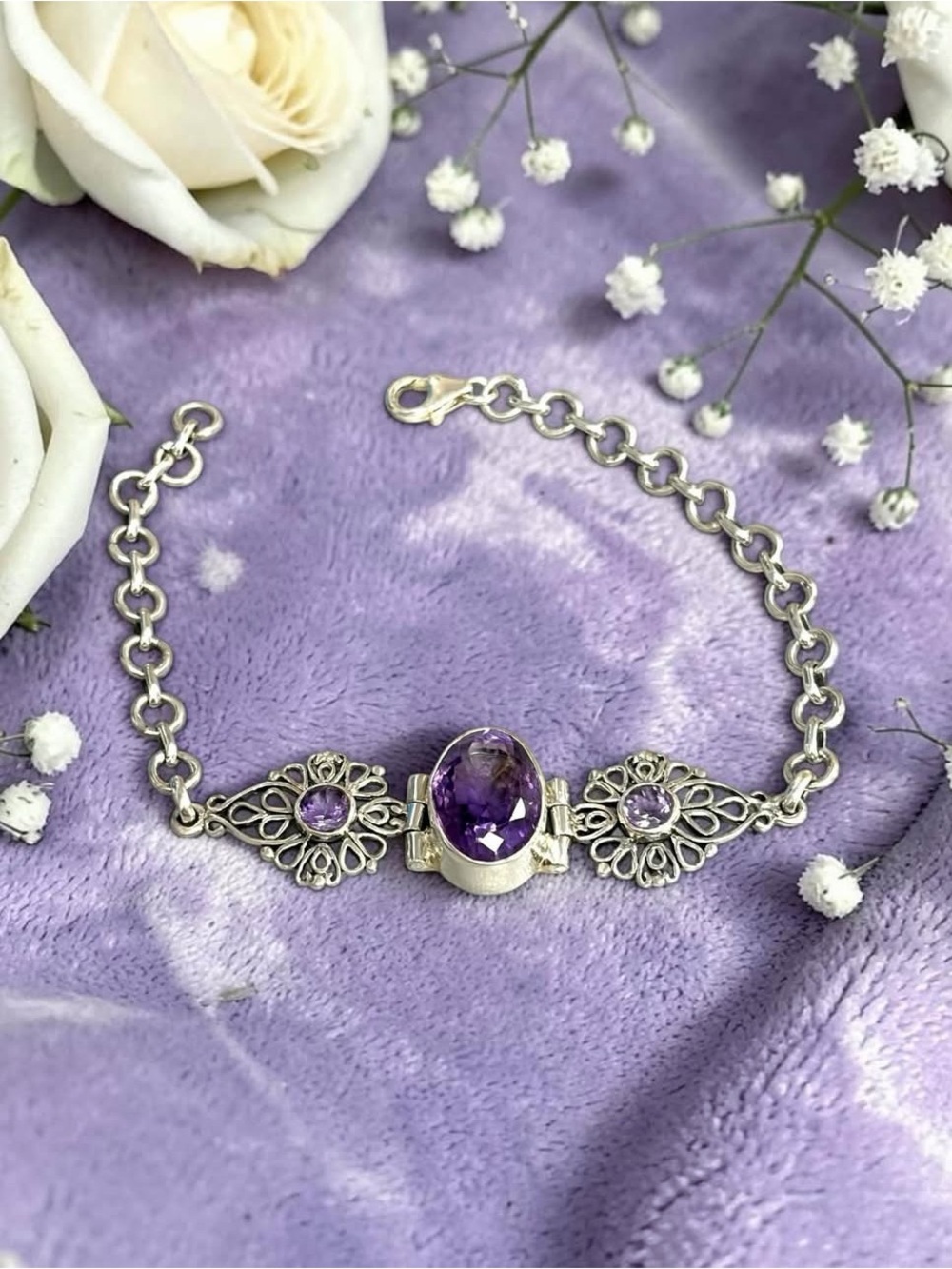 Gorgeous sterling filigree Amethyst bracelet.